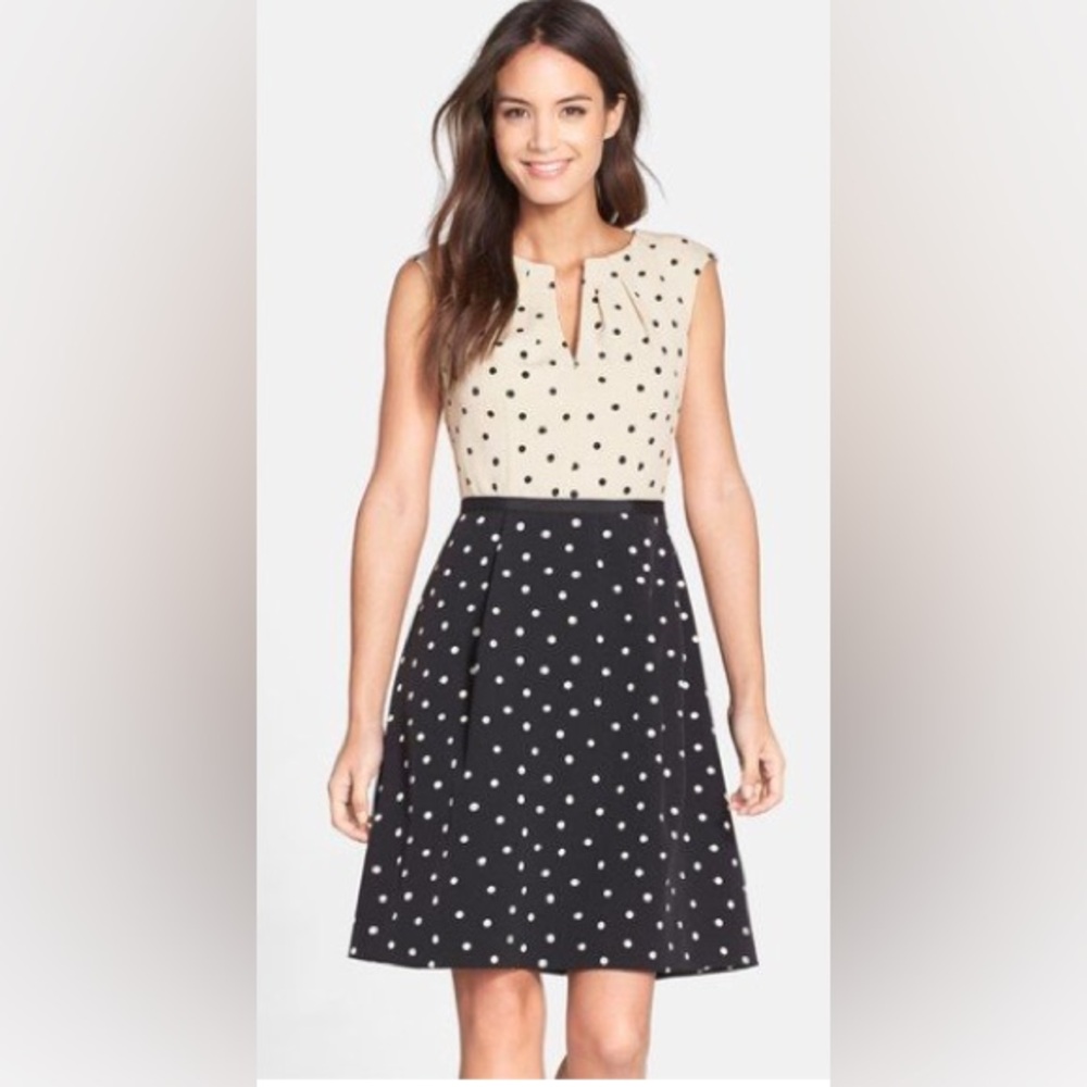 Adrianna Papell Black and Cream Polka Dot Midi Dress size 12